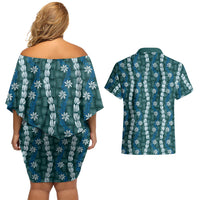 Pikake Maile Tiare Lei Couples Matching Off Shoulder Short Dress and Hawaiian Shirt Polu Lauhala Pattern