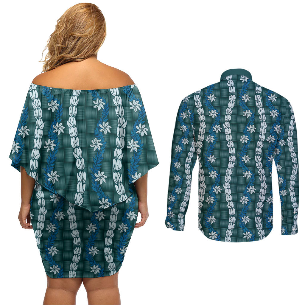 Pikake Maile Tiare Lei Couples Matching Off Shoulder Short Dress and Long Sleeve Button Shirt Polu Lauhala Pattern