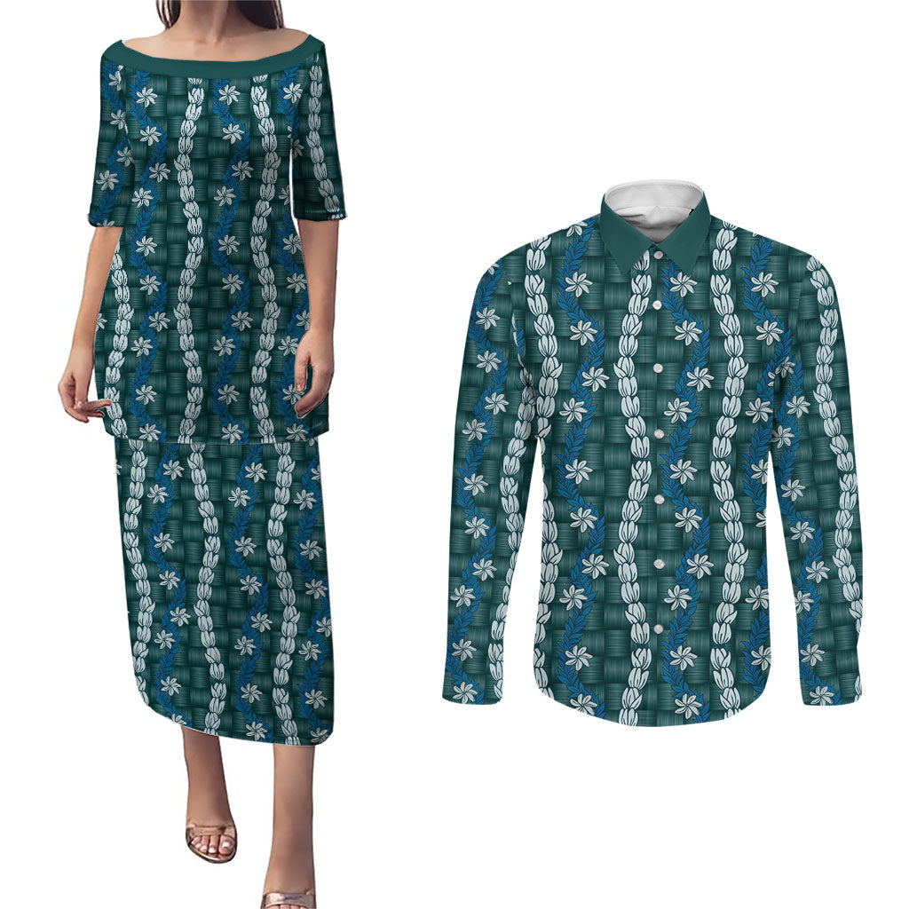 Pikake Maile Tiare Lei Couples Matching Puletasi and Long Sleeve Button Shirt Polu Lauhala Pattern LT01 Blue - Polynesian Pride