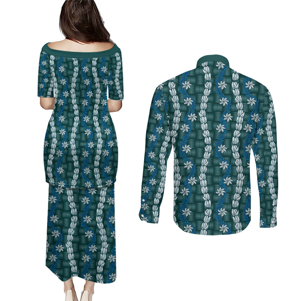 Pikake Maile Tiare Lei Couples Matching Puletasi and Long Sleeve Button Shirt Polu Lauhala Pattern