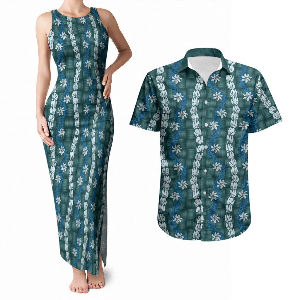 Pikake Maile Tiare Lei Couples Matching Tank Maxi Dress and Hawaiian Shirt Polu Lauhala Pattern LT01 Blue - Polynesian Pride