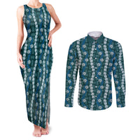 Pikake Maile Tiare Lei Couples Matching Tank Maxi Dress and Long Sleeve Button Shirt Polu Lauhala Pattern