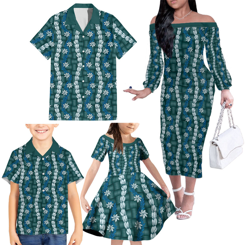 Pikake Maile Tiare Lei Family Matching Off The Shoulder Long Sleeve Dress and Hawaiian Shirt Polu Lauhala Pattern LT01 - Polynesian Pride