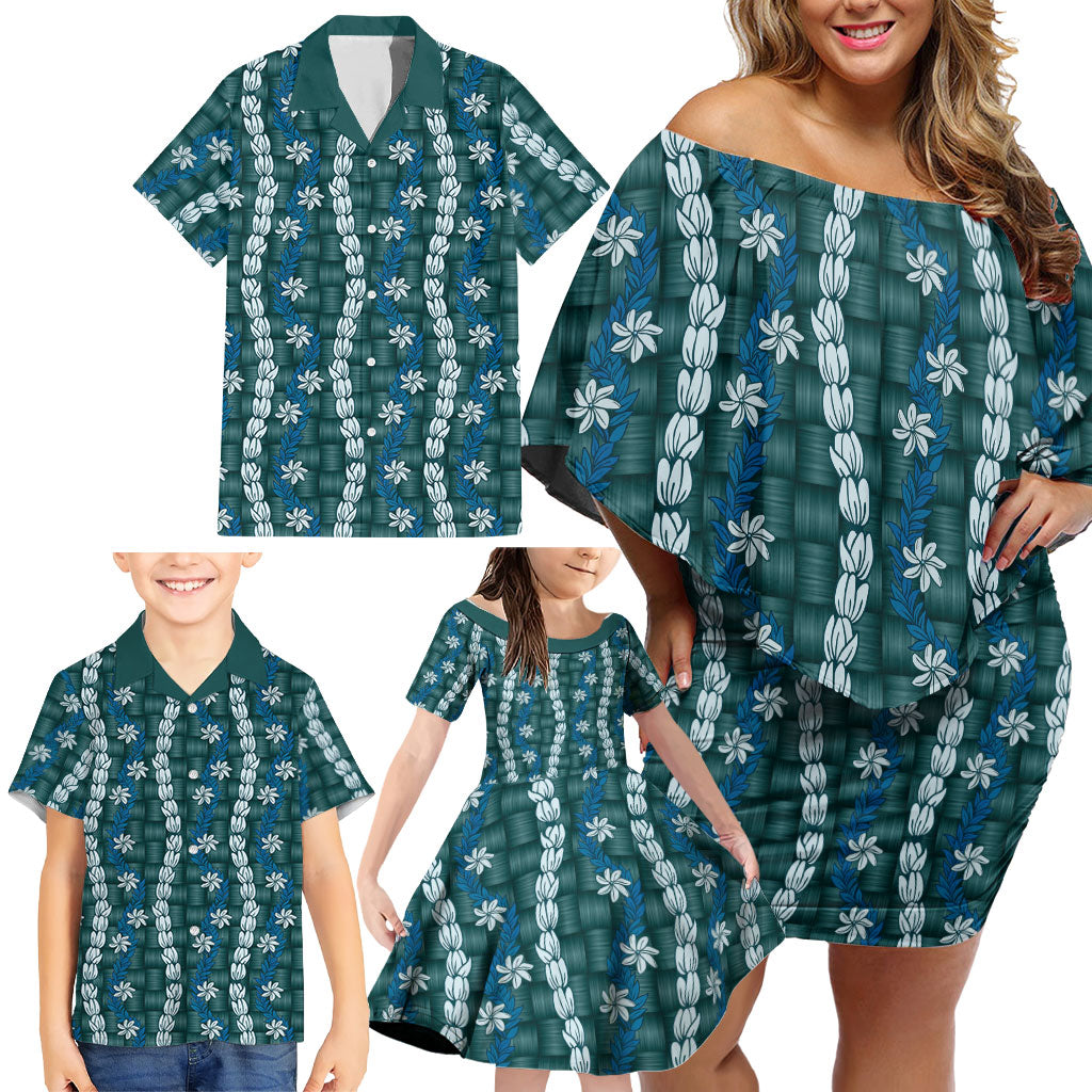 Pikake Maile Tiare Lei Family Matching Off Shoulder Short Dress and Hawaiian Shirt Polu Lauhala Pattern LT01 - Polynesian Pride