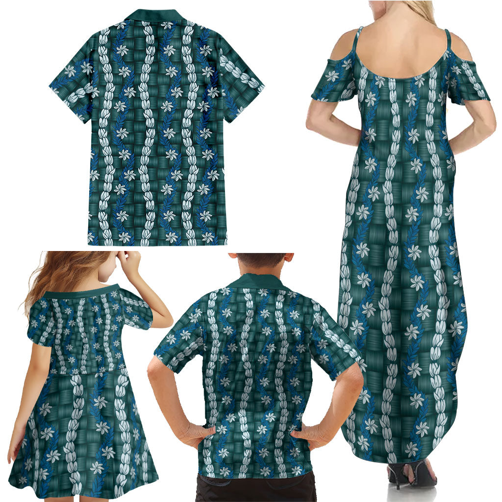 Pikake Maile Tiare Lei Family Matching Summer Maxi Dress and Hawaiian Shirt Polu Lauhala Pattern