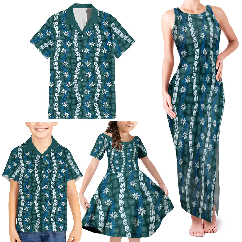 Pikake Maile Tiare Lei Family Matching Tank Maxi Dress and Hawaiian Shirt Polu Lauhala Pattern