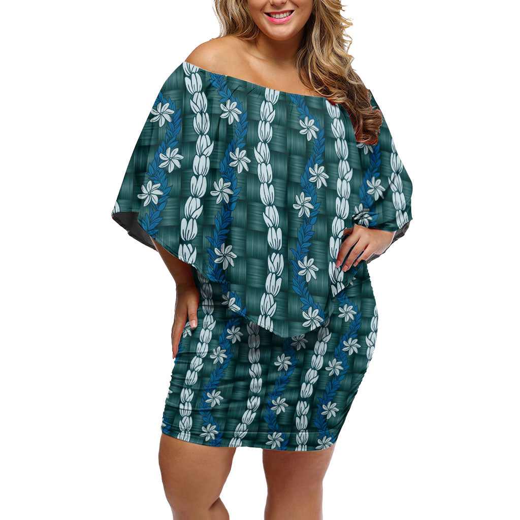 Pikake Maile Tiare Lei Off Shoulder Short Dress Polu Lauhala Pattern LT01 Women Blue - Polynesian Pride