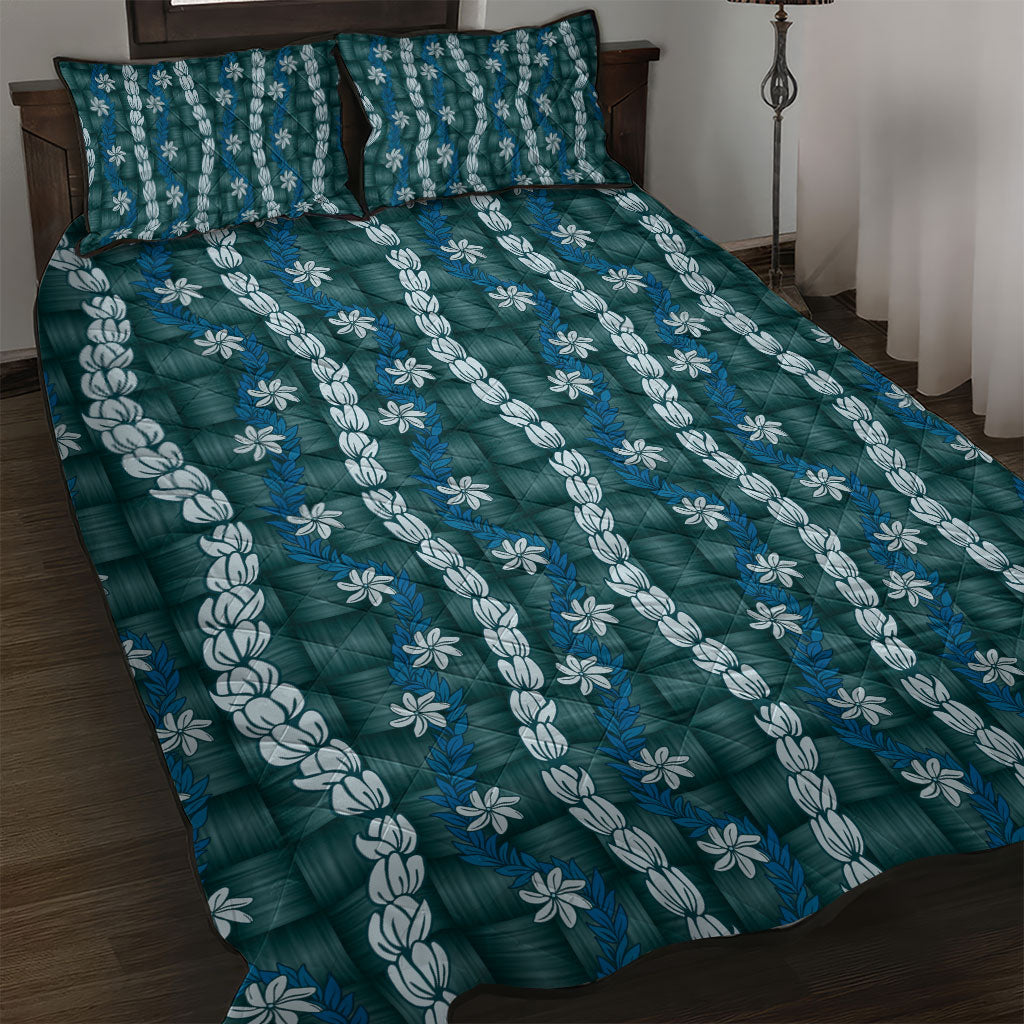 Pikake Maile Tiare Lei Quilt Bed Set Polu Lauhala Pattern LT01 Blue - Polynesian Pride