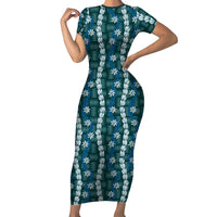 Pikake Maile Tiare Lei Short Sleeve Bodycon Dress Polu Lauhala Pattern