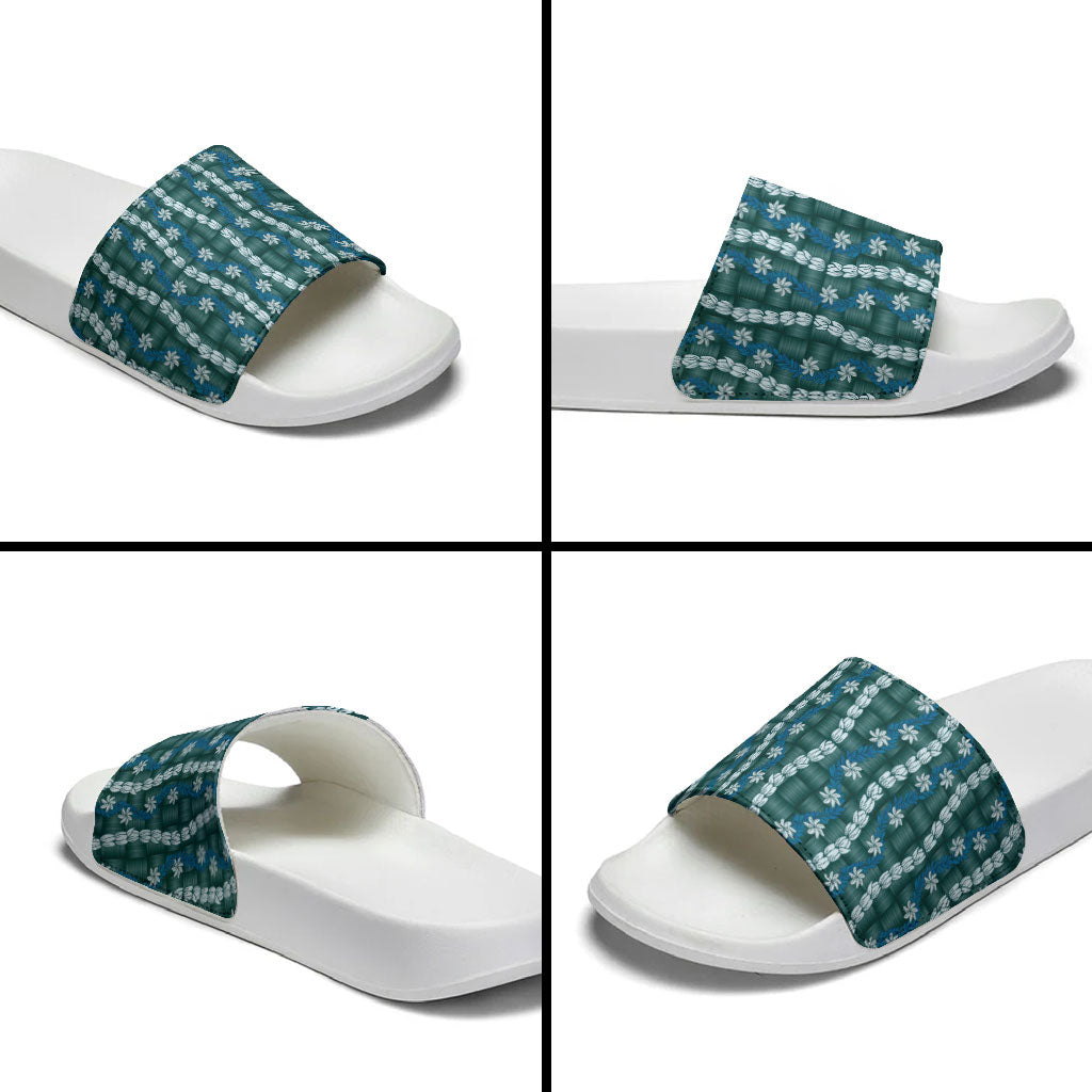 Pikake Maile Tiare Lei Slide Sandals Polu Lauhala Pattern