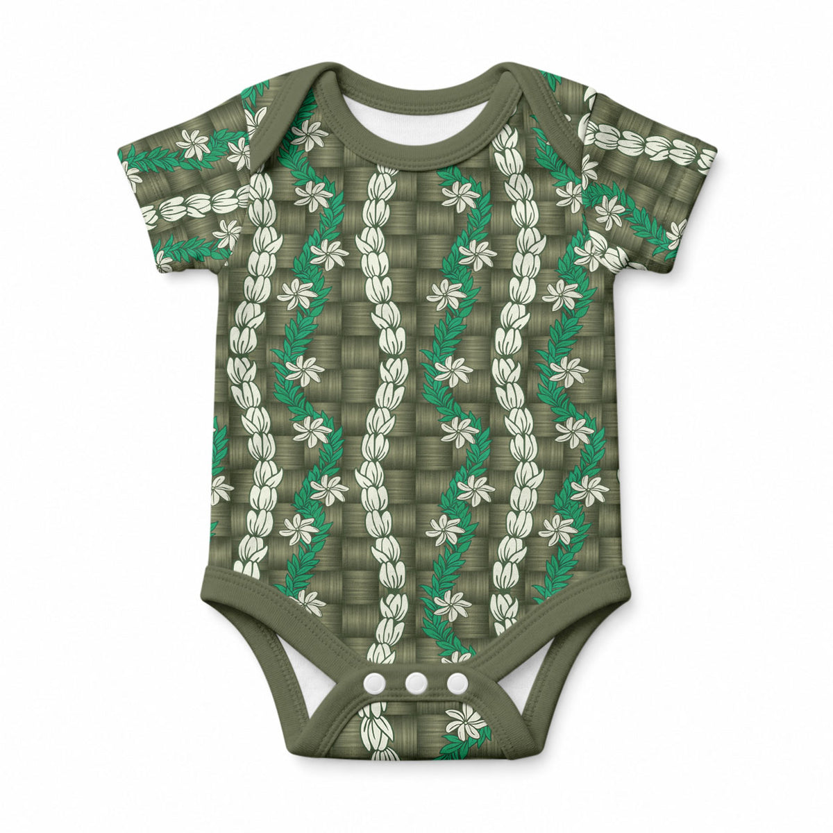 Pikake Maile Tiare Lei Baby Onesie Omaomao Lauhala Pattern LT01 Green - Polynesian Pride