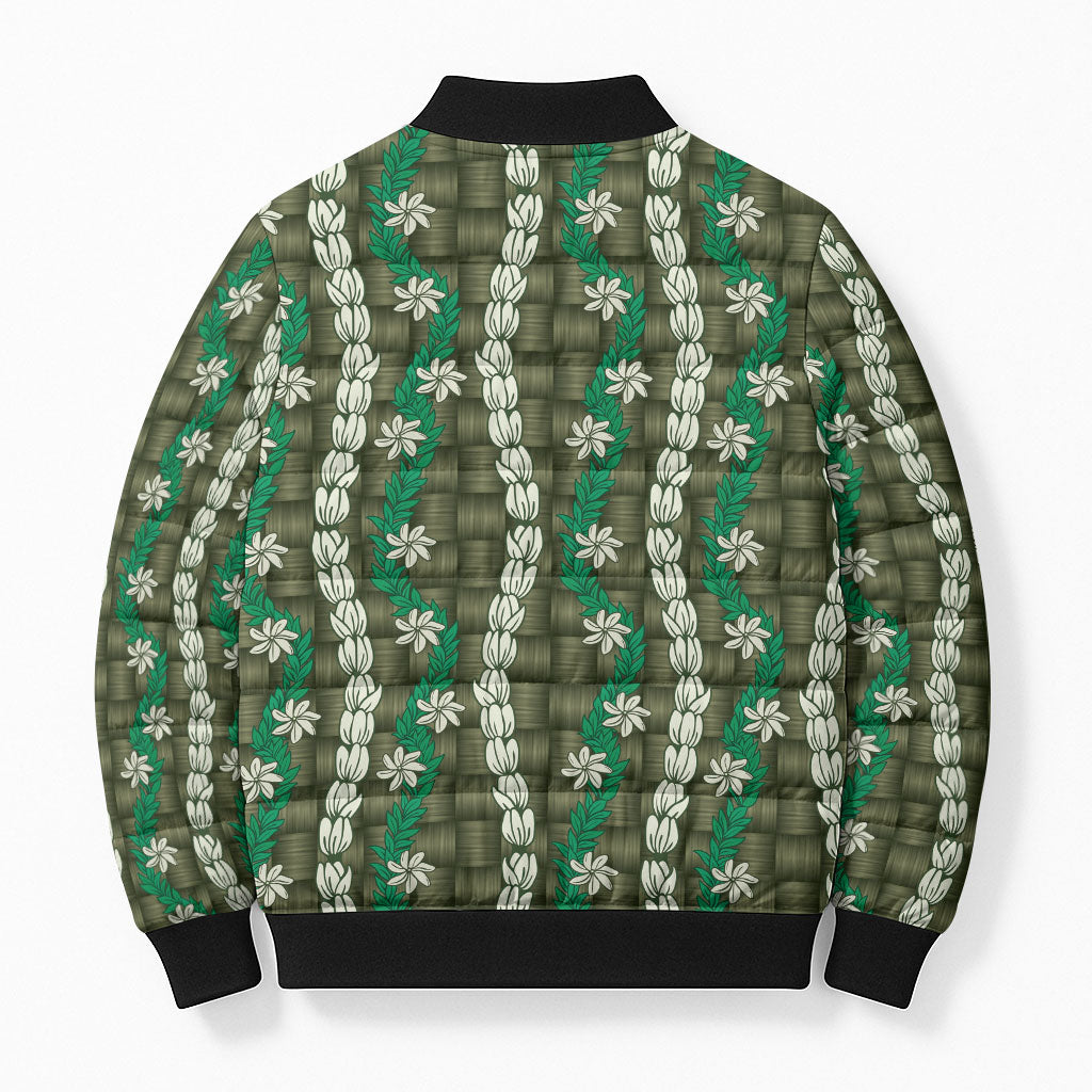 Pikake Maile Tiare Lei Bomber Puffer Jacket Omaomao Lauhala Pattern