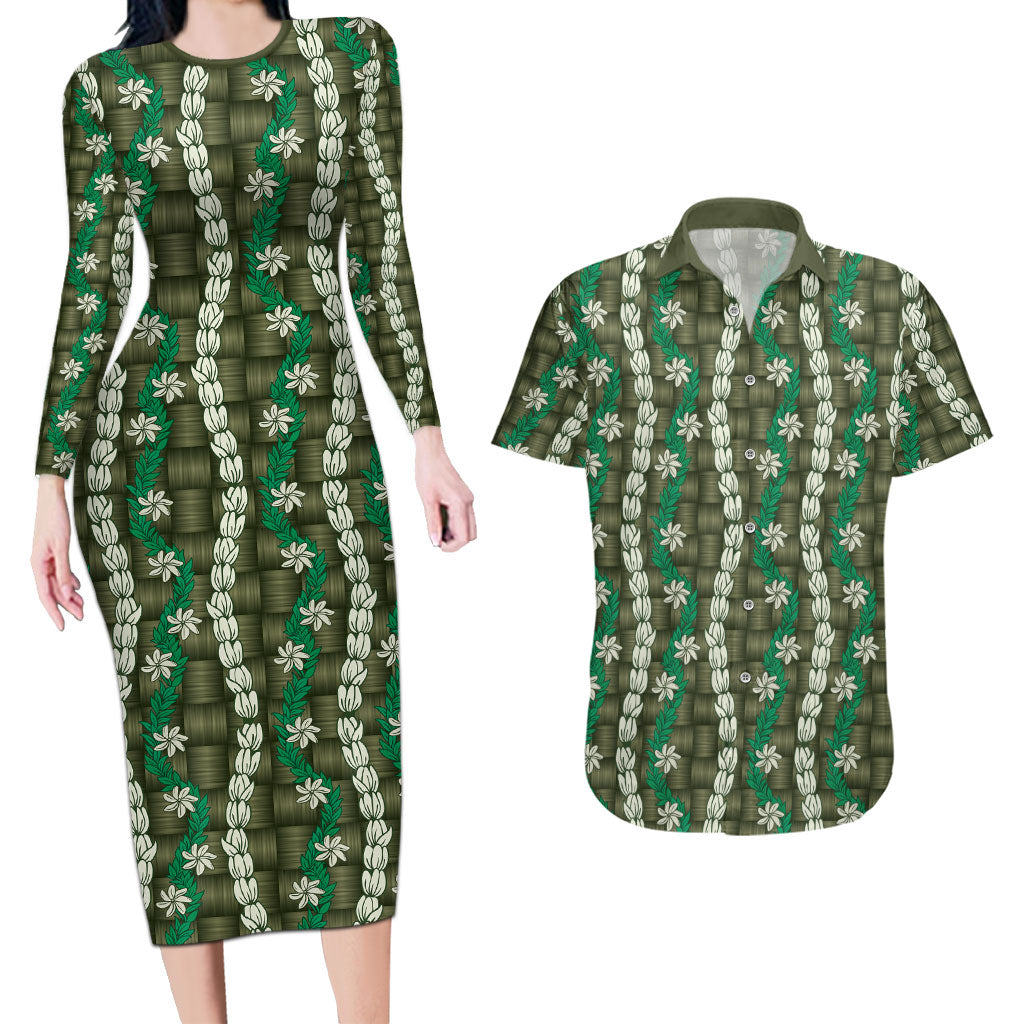 Pikake Maile Tiare Lei Couples Matching Long Sleeve Bodycon Dress and Hawaiian Shirt Omaomao Lauhala Pattern