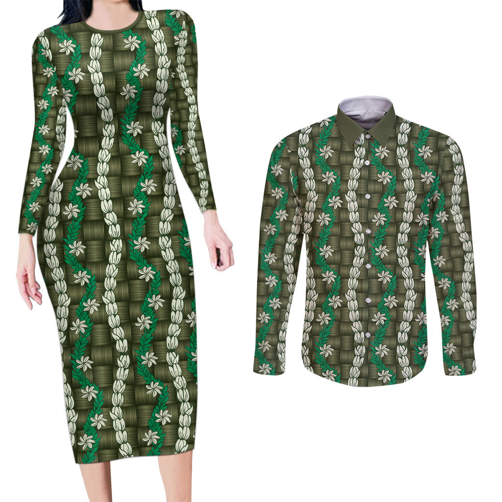 Pikake Maile Tiare Lei Couples Matching Long Sleeve Bodycon Dress and Long Sleeve Button Shirt Omaomao Lauhala Pattern LT01 Green - Polynesian Pride