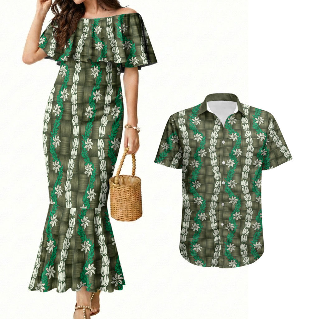 Pikake Maile Tiare Lei Couples Matching Mermaid Dress and Hawaiian Shirt Omaomao Lauhala Pattern LT01 Green - Polynesian Pride