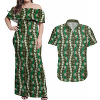 Pikake Maile Tiare Lei Couples Matching Off Shoulder Maxi Dress and Hawaiian Shirt Omaomao Lauhala Pattern