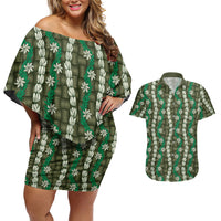 Pikake Maile Tiare Lei Couples Matching Off Shoulder Short Dress and Hawaiian Shirt Omaomao Lauhala Pattern