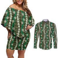 Pikake Maile Tiare Lei Couples Matching Off Shoulder Short Dress and Long Sleeve Button Shirt Omaomao Lauhala Pattern