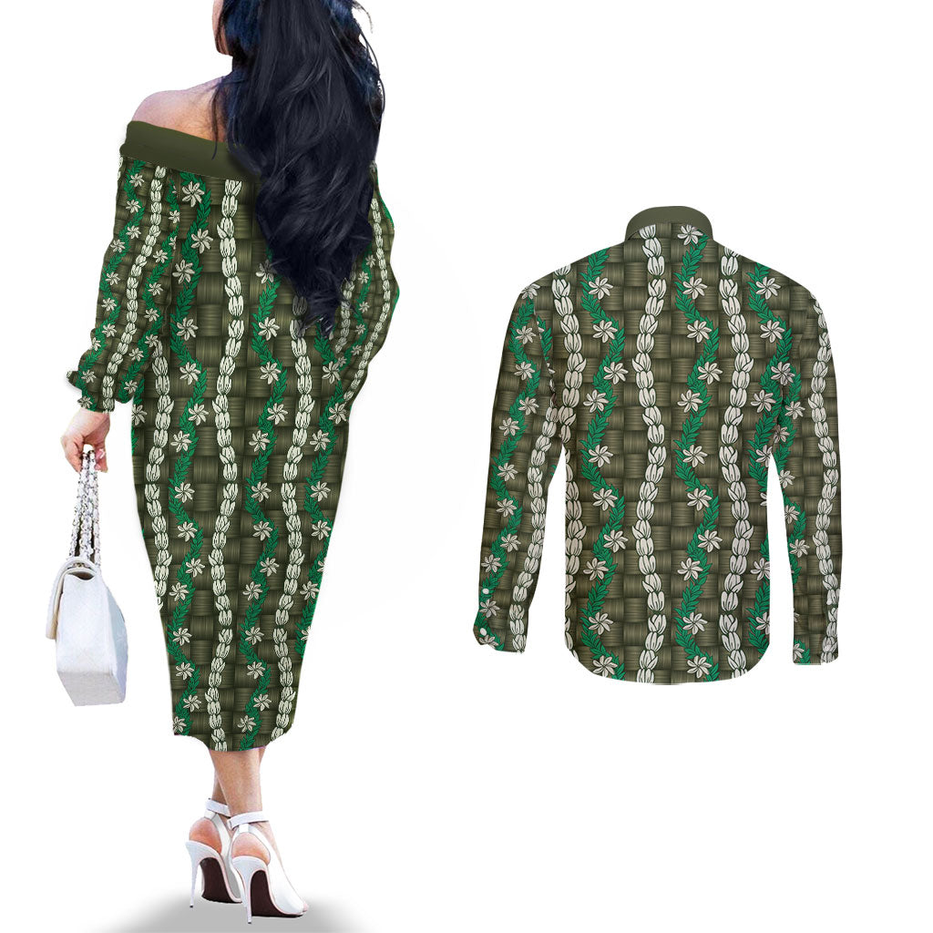 Pikake Maile Tiare Lei Couples Matching Off The Shoulder Long Sleeve Dress and Long Sleeve Button Shirt Omaomao Lauhala Pattern