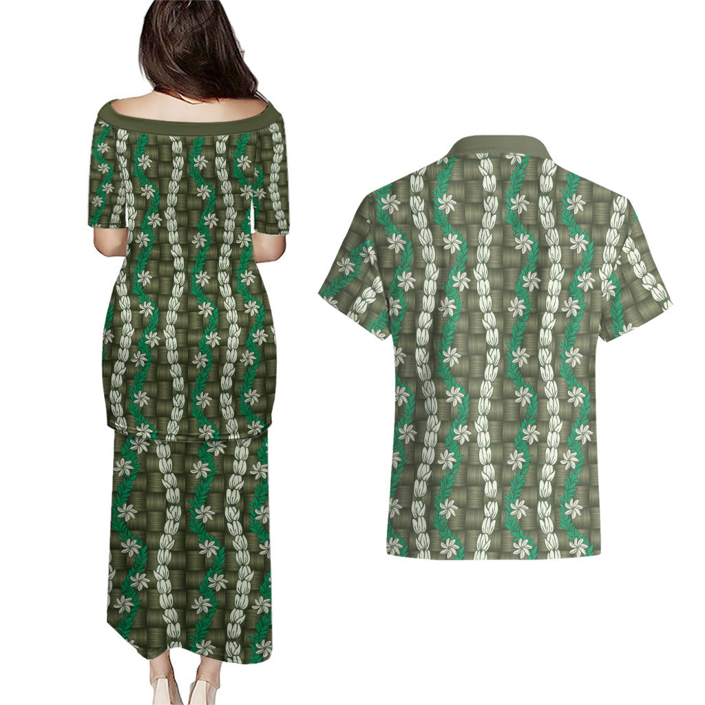 Pikake Maile Tiare Lei Couples Matching Puletasi and Hawaiian Shirt Omaomao Lauhala Pattern