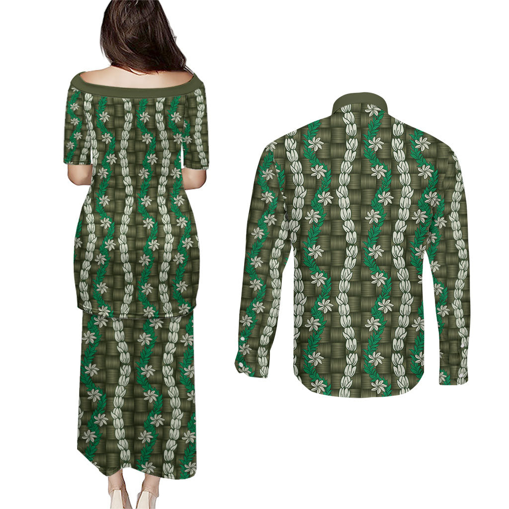 Pikake Maile Tiare Lei Couples Matching Puletasi and Long Sleeve Button Shirt Omaomao Lauhala Pattern