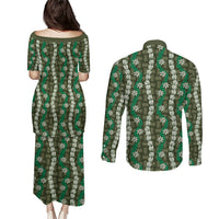 Pikake Maile Tiare Lei Couples Matching Puletasi and Long Sleeve Button Shirt Omaomao Lauhala Pattern
