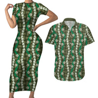 Pikake Maile Tiare Lei Couples Matching Short Sleeve Bodycon Dress and Hawaiian Shirt Omaomao Lauhala Pattern