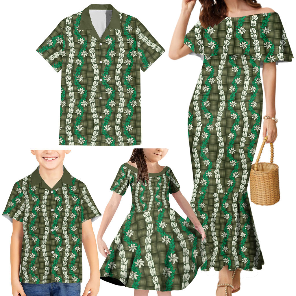 Pikake Maile Tiare Lei Family Matching Mermaid Dress and Hawaiian Shirt Omaomao Lauhala Pattern LT01 - Polynesian Pride