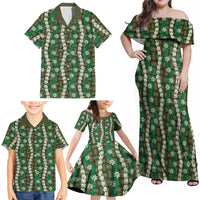 Pikake Maile Tiare Lei Family Matching Off Shoulder Maxi Dress and Hawaiian Shirt Omaomao Lauhala Pattern
