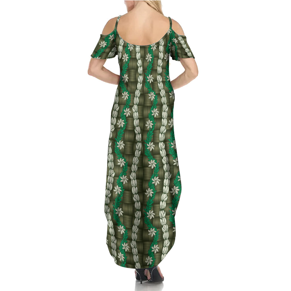 Pikake Maile Tiare Lei Family Matching Summer Maxi Dress and Hawaiian Shirt Omaomao Lauhala Pattern