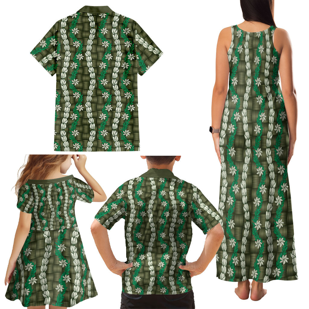 Pikake Maile Tiare Lei Family Matching Tank Maxi Dress and Hawaiian Shirt Omaomao Lauhala Pattern