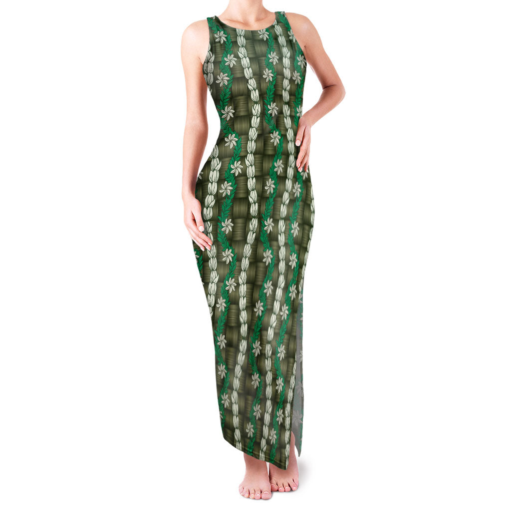 Pikake Maile Tiare Lei Family Matching Tank Maxi Dress and Hawaiian Shirt Omaomao Lauhala Pattern