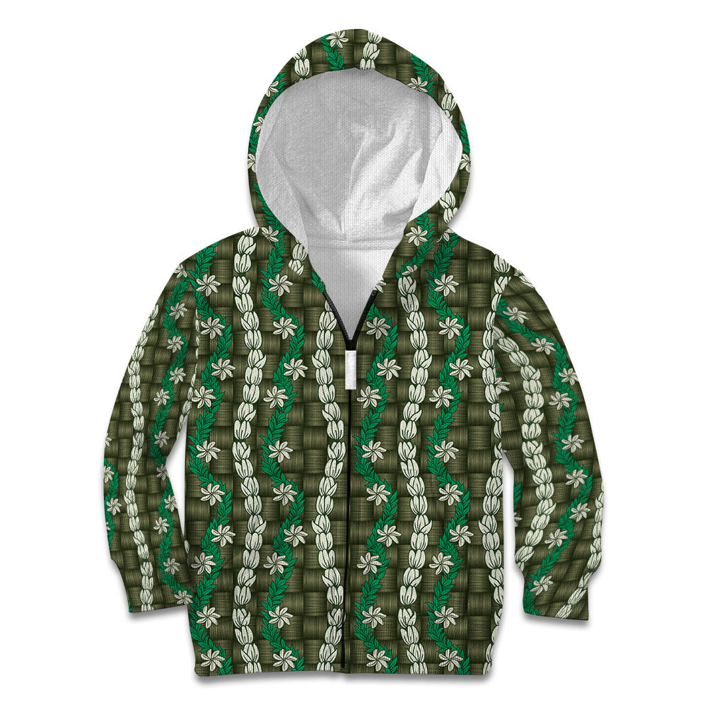 Pikake Maile Tiare Lei Kid Hoodie Omaomao Lauhala Pattern LT01 Zip Hoodie Green - Polynesian Pride