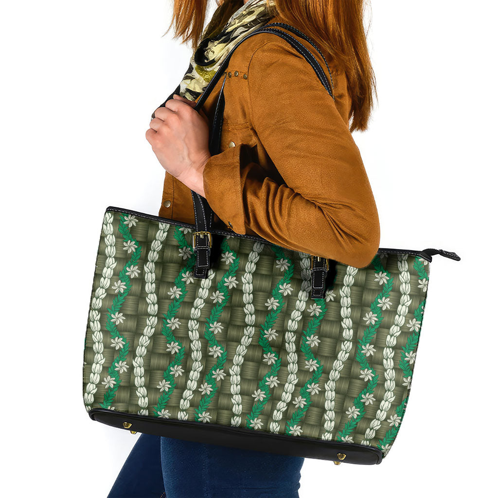 Pikake Maile Tiare Lei Leather Tote Bag Omaomao Lauhala Pattern