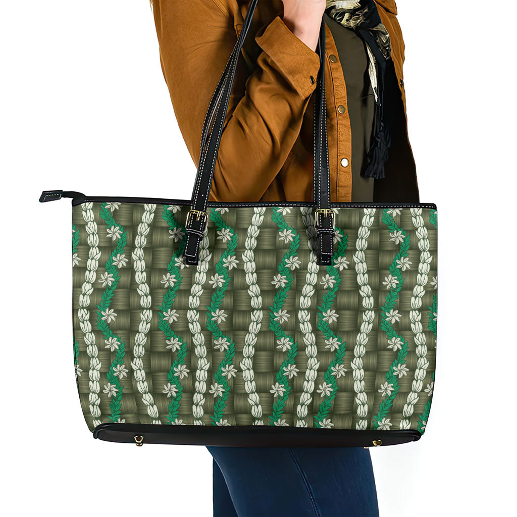 Pikake Maile Tiare Lei Leather Tote Bag Omaomao Lauhala Pattern
