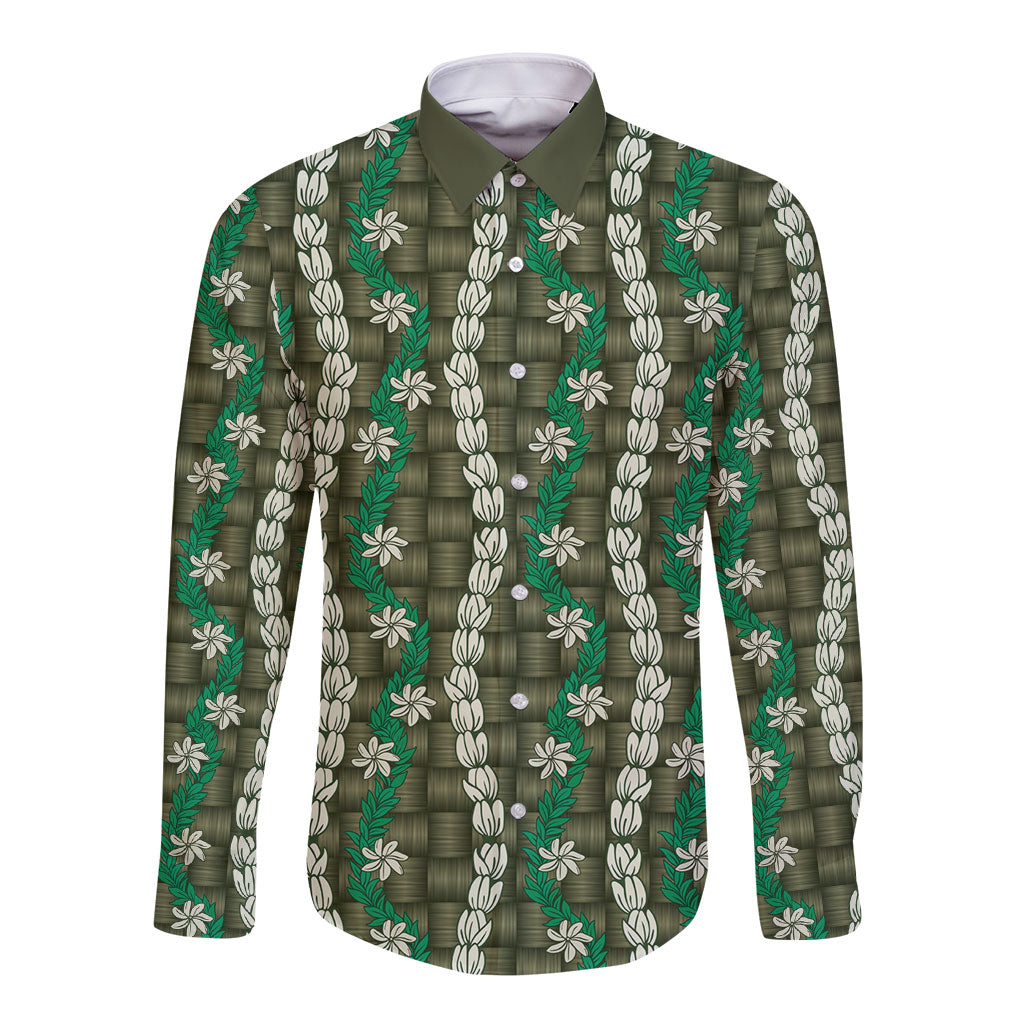 Pikake Maile Tiare Lei Long Sleeve Button Shirt Omaomao Lauhala Pattern LT01 Unisex Green - Polynesian Pride