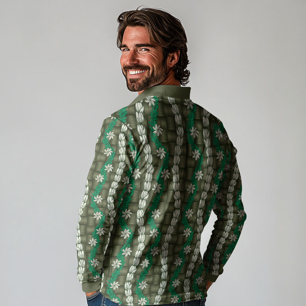 Pikake Maile Tiare Lei Long Sleeve Polo Shirt Omaomao Lauhala Pattern