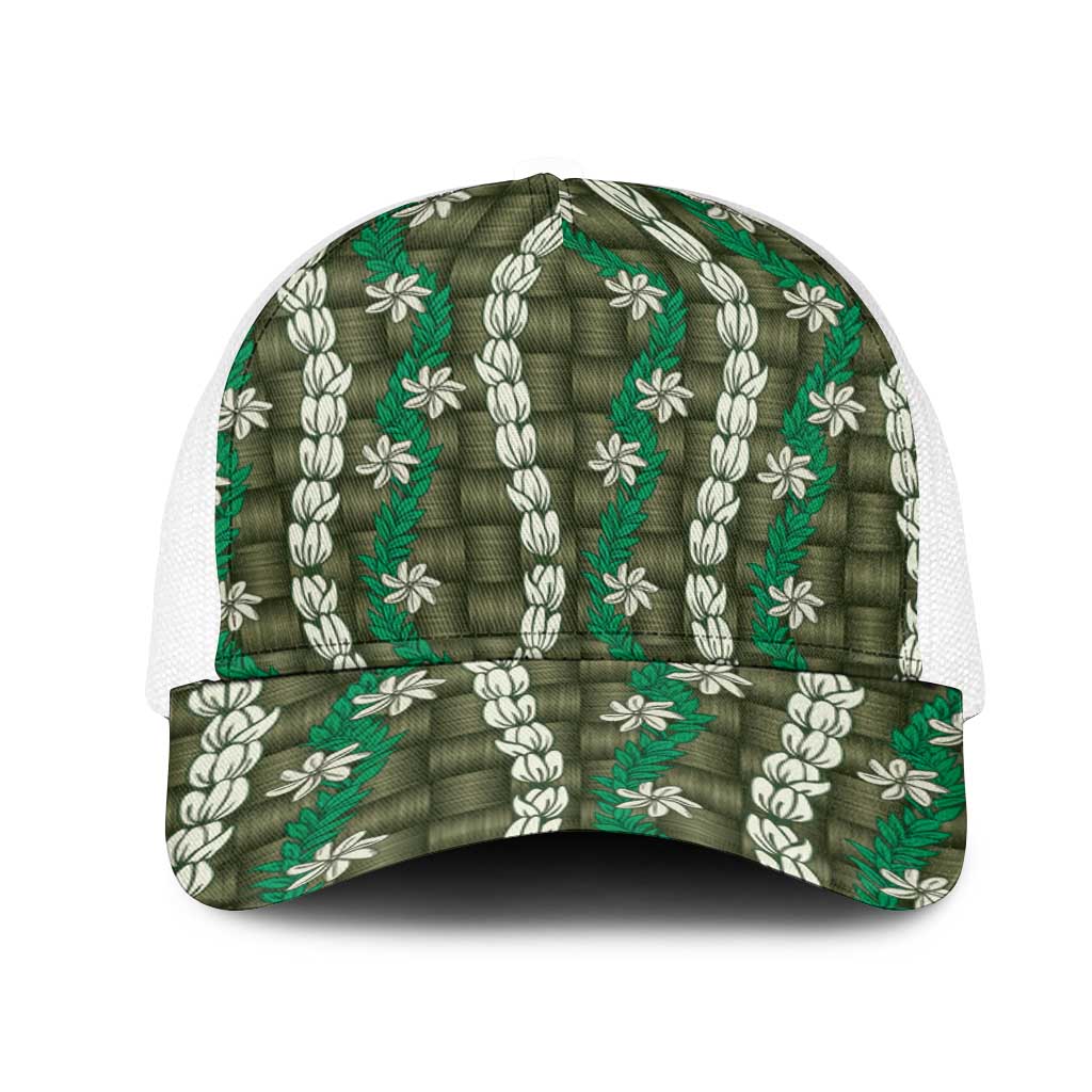 Pikake Maile Tiare Lei Mesh Trucker Cap Omaomao Lauhala Pattern LT01 One Size White Green - Polynesian Pride