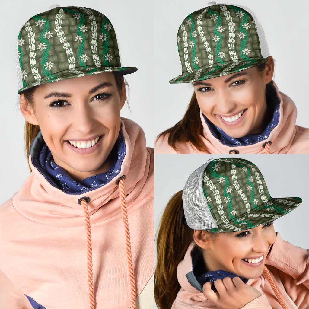 Pikake Maile Tiare Lei Mesh Trucker Cap Omaomao Lauhala Pattern