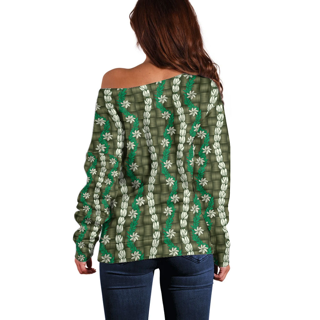 Pikake Maile Tiare Lei Off Shoulder Sweater Omaomao Lauhala Pattern