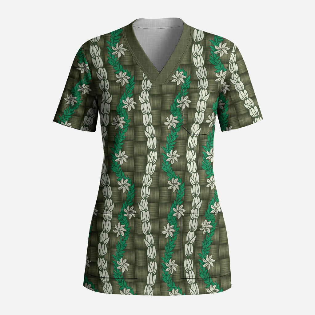 Pikake Maile Tiare Lei Scrub Top Omaomao Lauhala Pattern