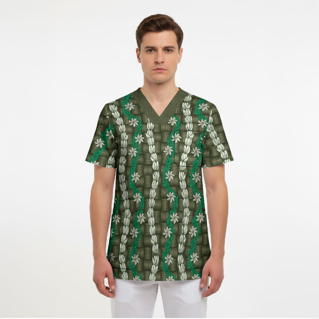 Pikake Maile Tiare Lei Scrub Top Omaomao Lauhala Pattern
