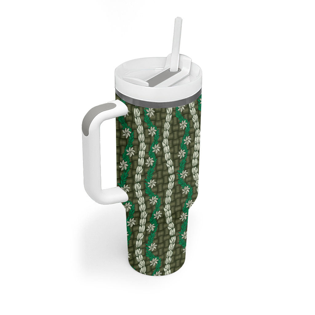 Pikake Maile Tiare Lei Tumbler With Handle Omaomao Lauhala Pattern