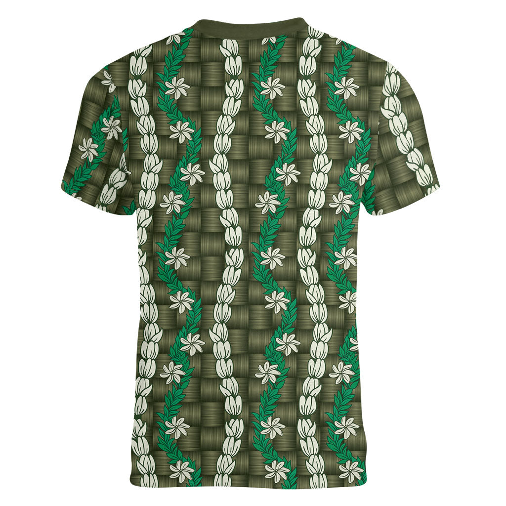 Pikake Maile Tiare Lei Women V-Neck T-Shirt Omaomao Lauhala Pattern