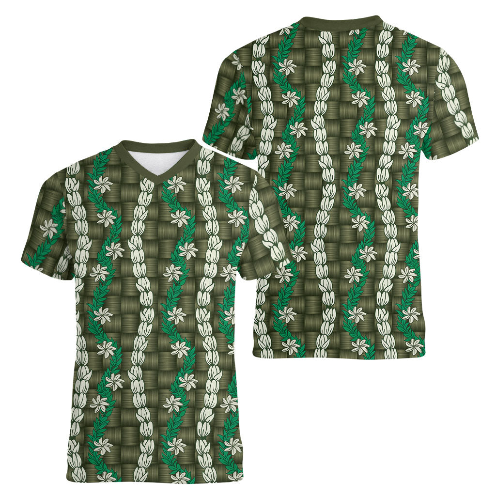 Pikake Maile Tiare Lei Women V-Neck T-Shirt Omaomao Lauhala Pattern
