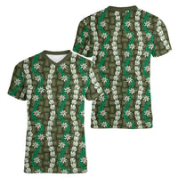 Pikake Maile Tiare Lei Women V-Neck T-Shirt Omaomao Lauhala Pattern