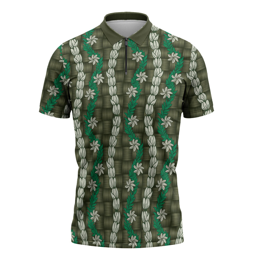 Pikake Maile Tiare Lei Zipper Polo Shirt Omaomao Lauhala Pattern LT01 Green - Polynesian Pride