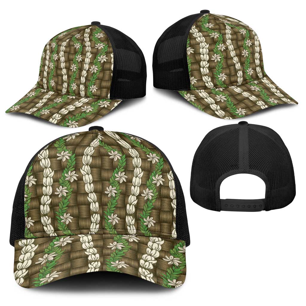 Pikake Maile Tiare Lei Baseball Net Cap Natural Lauhala Pattern