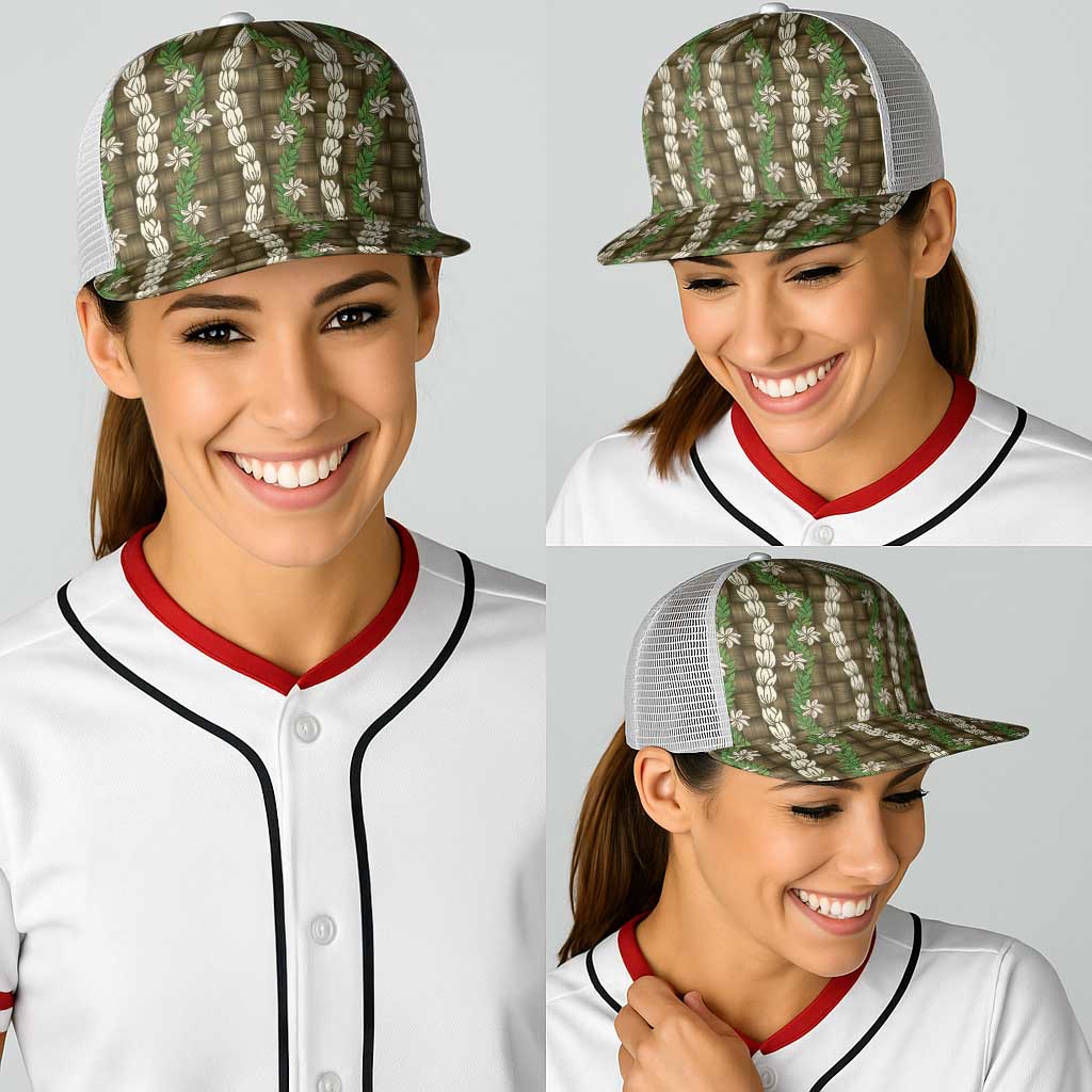 Pikake Maile Tiare Lei Baseball Net Cap Natural Lauhala Pattern