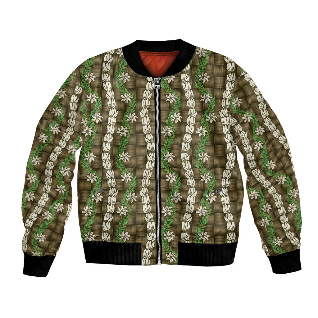 Pikake Maile Tiare Lei Bomber Jacket Natural Lauhala Pattern LT01 Unisex Brown - Polynesian Pride